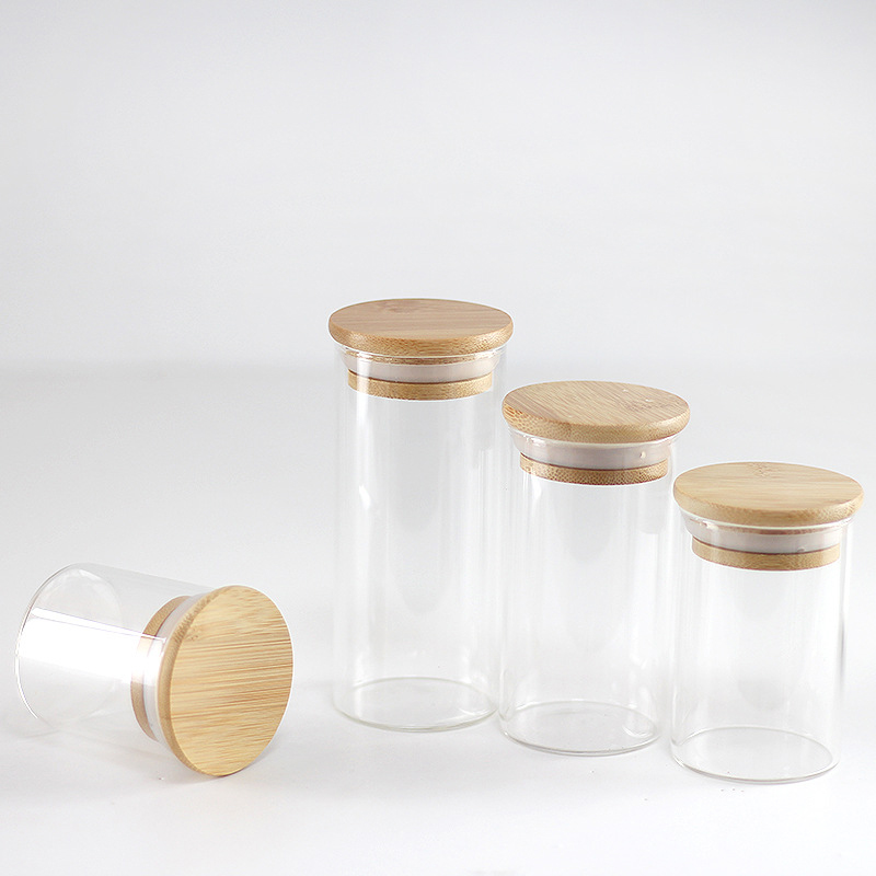 Heat resistant clear round glassware airtight sealed custom size kitchen food large 1000ml containers wood lid glass jar storage