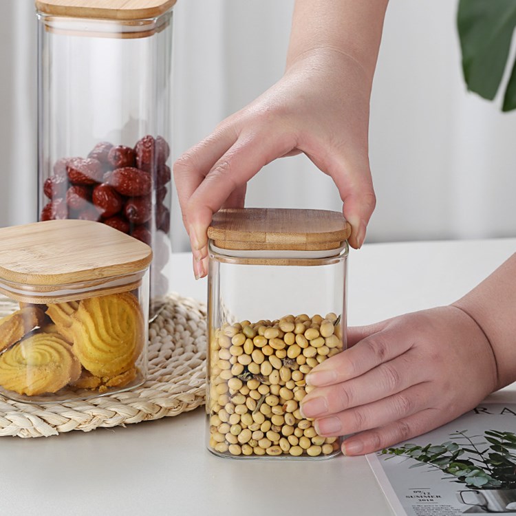 Heat resistant containers 200ml-1500ml square airtight clear glass jar bamboo cap