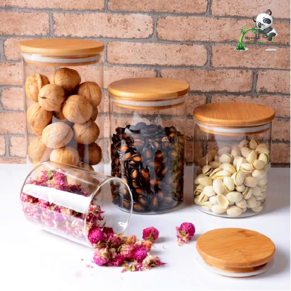Heat resistant wooden lid food glass storage jar for coffee tea herb weed jar BP-049K