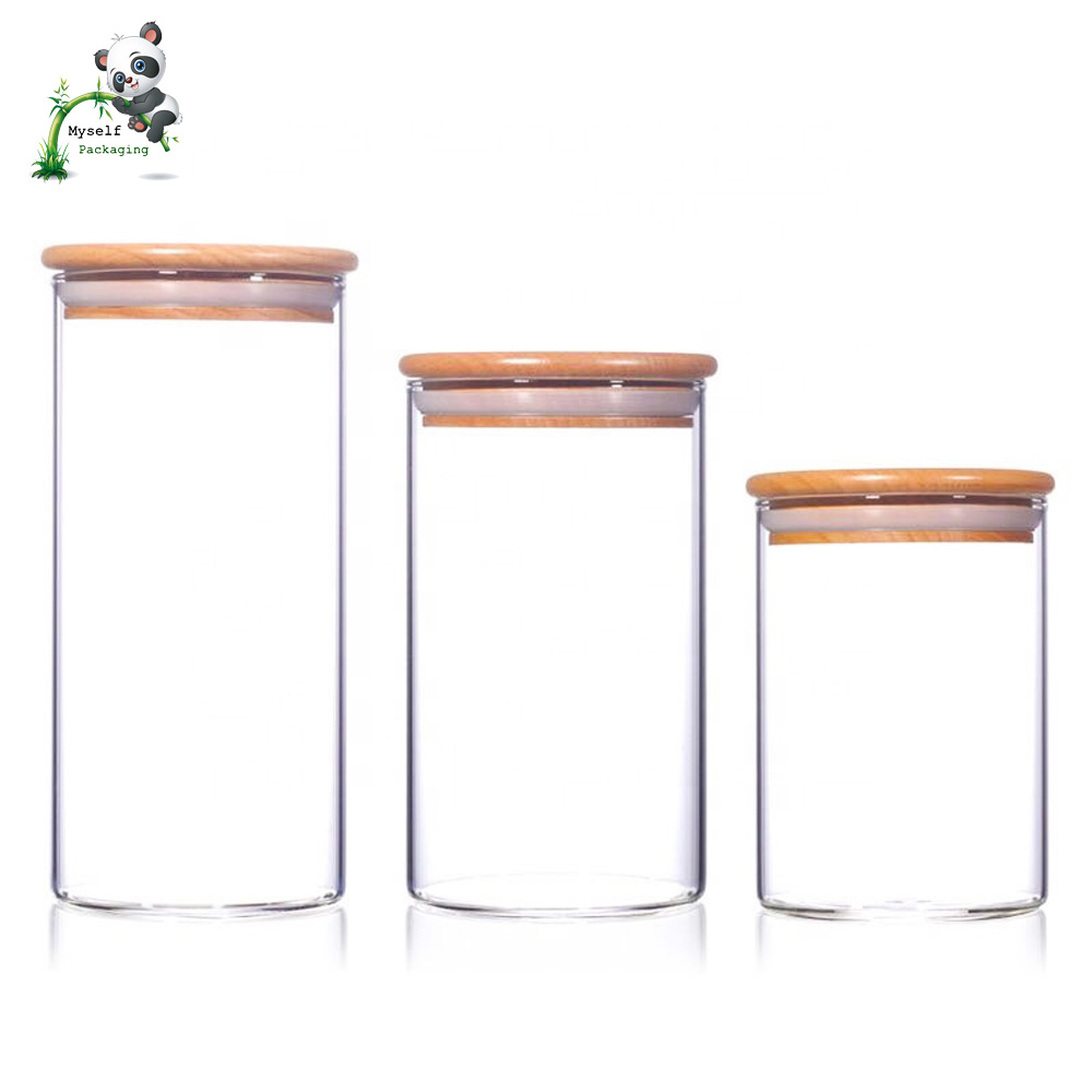 Heat resistant wooden lid food glass storage jar for coffee tea herb weed jar BP-049K