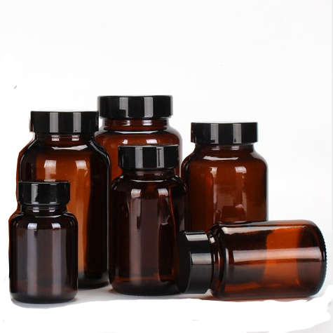 Heavy glass Amber color pharmaceutical capsule Glass jar with wide mouth for pills herbs