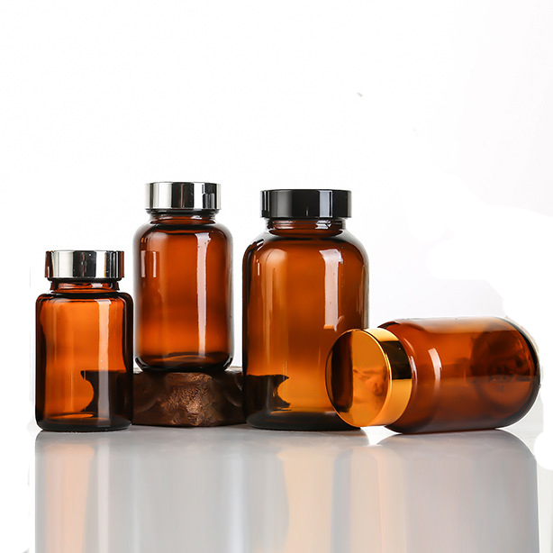 Heavy glass Amber color pharmaceutical capsule Glass jar with wide mouth for pills herbs