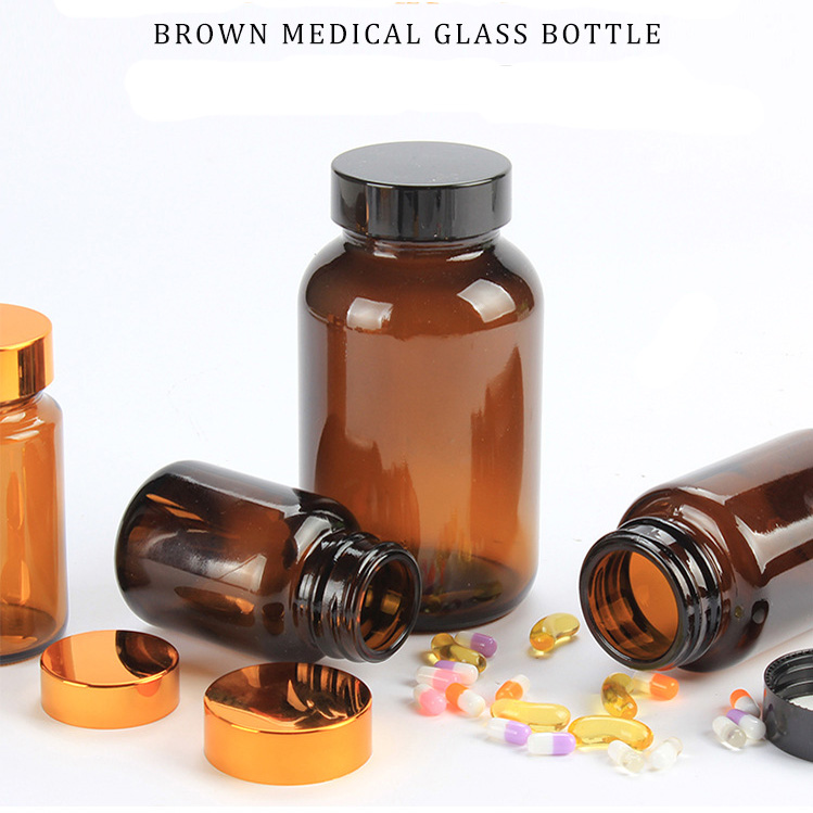 Heavy glass Amber color pharmaceutical capsule Glass jar with wide mouth for pills herbs