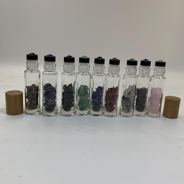 Hengjian 10ml Colorful Natural Gemstone Roll On Ball Glass Essential Oil Roller Perfume Bottle With Bamboo Cap