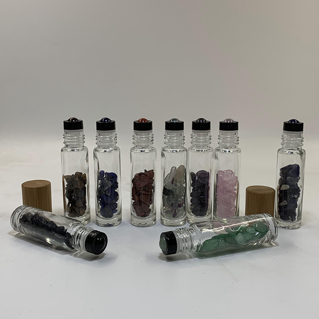Hengjian 10ml Colorful Natural Gemstone Roll On Ball Glass Essential Oil Roller Perfume Bottle With Bamboo Cap