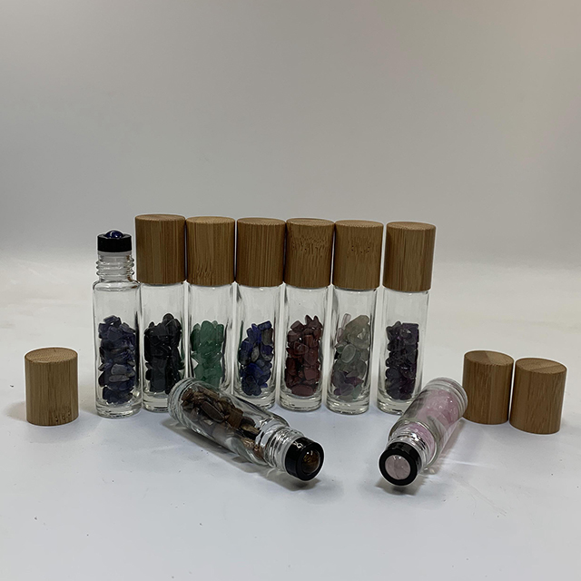 Hengjian 10ml Colorful Natural Gemstone Roll On Ball Glass Essential Oil Roller Perfume Bottle With Bamboo Cap