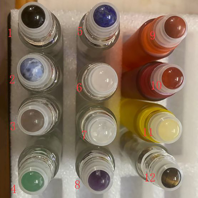 Hengjian 10ml Frosted Colored Gemstone Roller Glass Bottle With Gemstone Roll On Head For Essential Oil