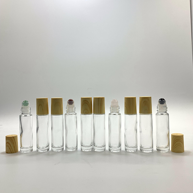 Hengjian 10ml Natural Gemstone Roller Ball Bottle Clear Glass Perfume Essential Oil Bottle With Plastic Bamboo Pattern Cap