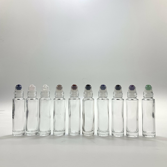 Hengjian 10ml Natural Gemstone Roller Ball Bottle Clear Glass Perfume Essential Oil Bottle With Plastic Bamboo Pattern Cap