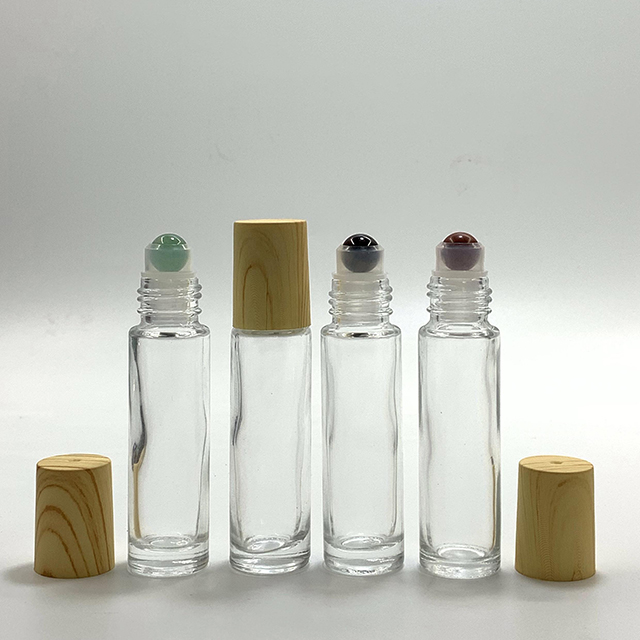 Hengjian 10ml Natural Gemstone Roller Ball Bottle Clear Glass Perfume Essential Oil Bottle With Plastic Bamboo Pattern Cap