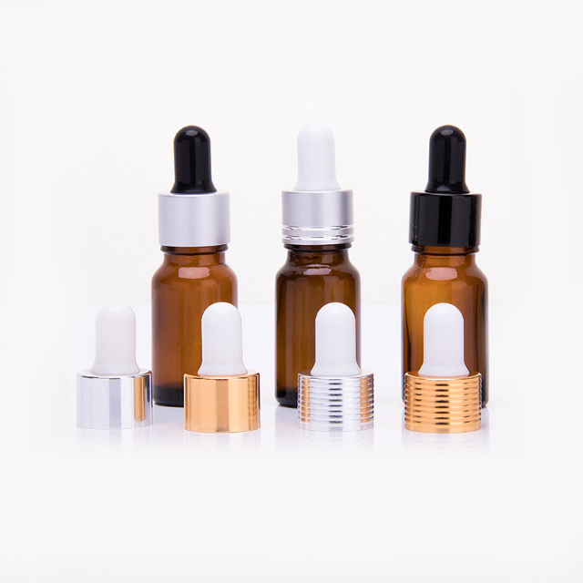Hengjian 10ml essential oil e liquid amber glass dropper bottles with black / gold / silver cap