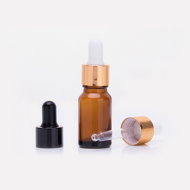 Hengjian 10ml essential oil e liquid amber glass dropper bottles with black / gold / silver cap