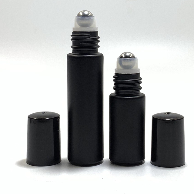 Hengjian 10ml frosted black glass roller bottle cosmetic packaging roll on ball essential oil bottle for perfume