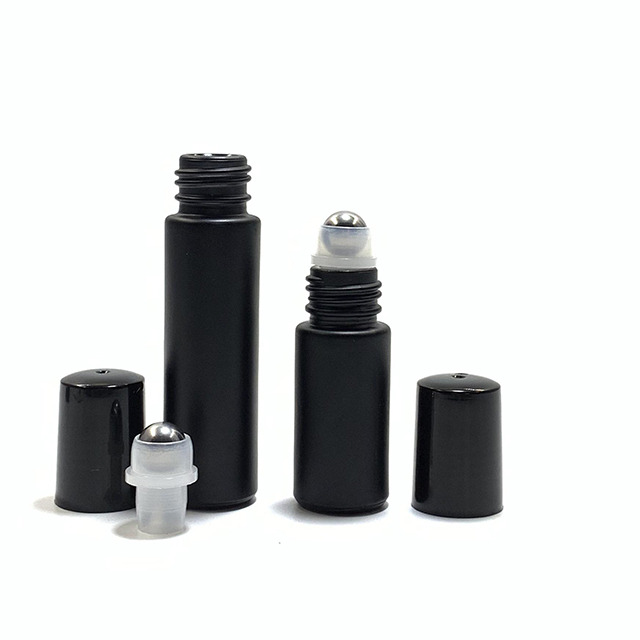 Hengjian 10ml frosted black glass roller bottle cosmetic packaging roll on ball essential oil bottle for perfume
