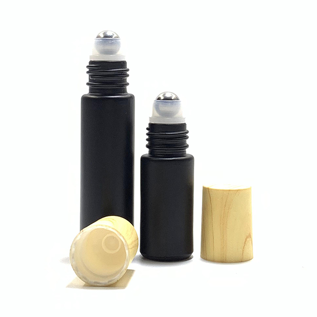 Hengjian 10ml frosted black glass roller bottle cosmetic roll on ball essential oil bottle with plastic bamboo printing cap