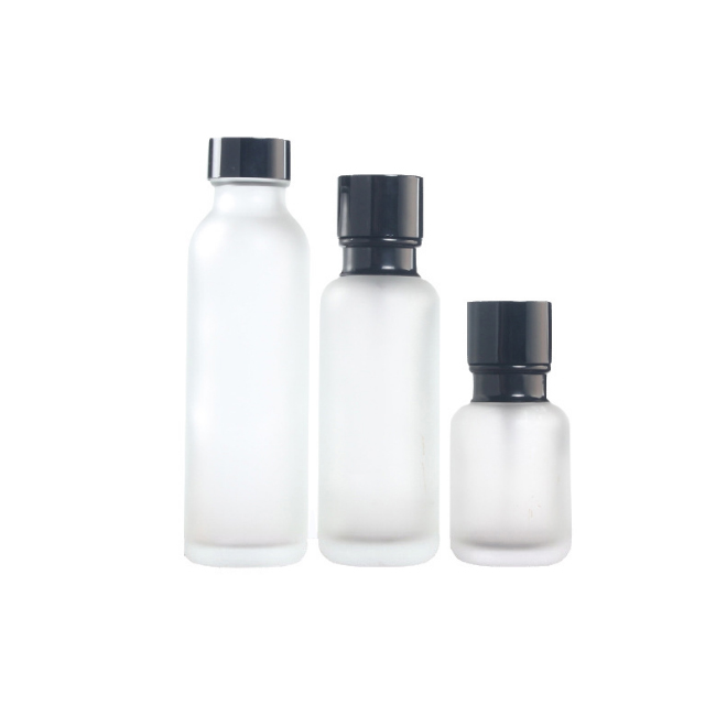 Hengjian 150ml Clear Frosted Glass Bottle With Black Screw Cap Toner Bottle Cosmetic Packaging