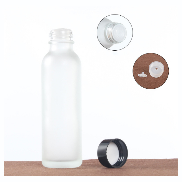 Hengjian 150ml Clear Frosted Glass Bottle With Black Screw Cap Toner Bottle Cosmetic Packaging