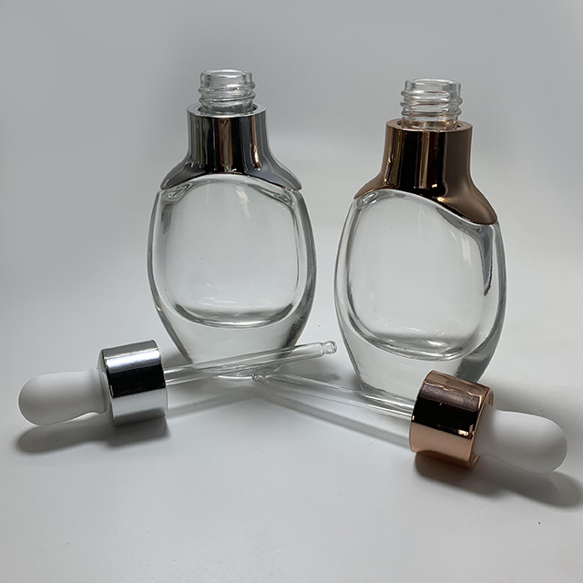 Hengjian 30ml cosmetic essential oil clear flat shape glass dropper bottle with silver gold cap for massage oil
