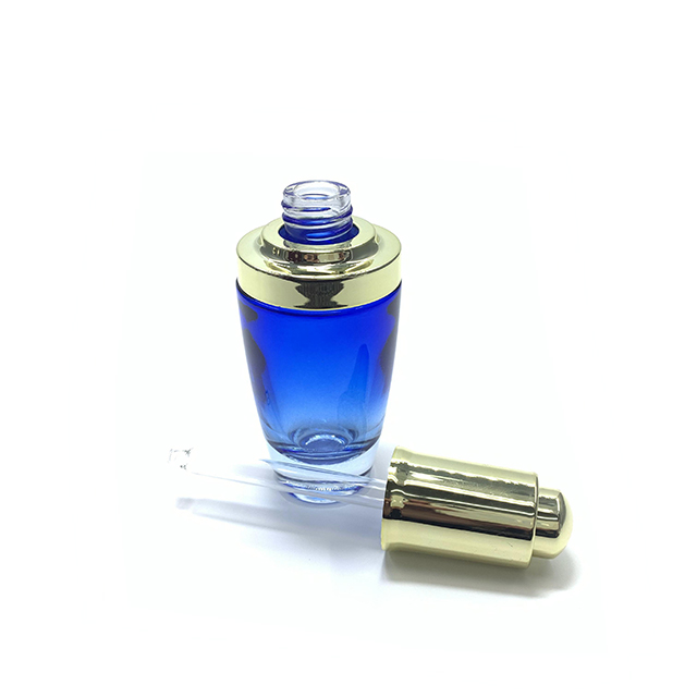 Hengjian 30ml gradual blue glass dropper bottle with gold cap for cosmetic packaging