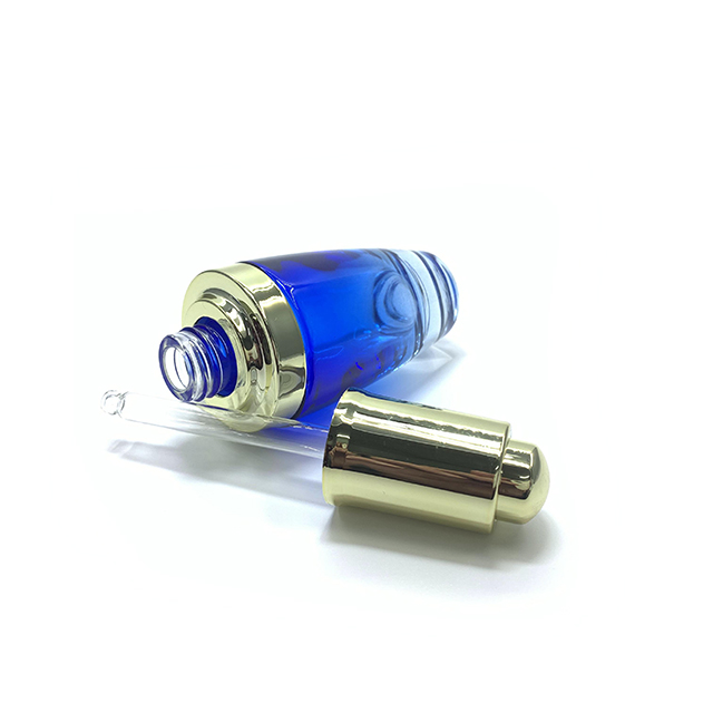 Hengjian 30ml gradual blue glass dropper bottle with gold cap for cosmetic packaging