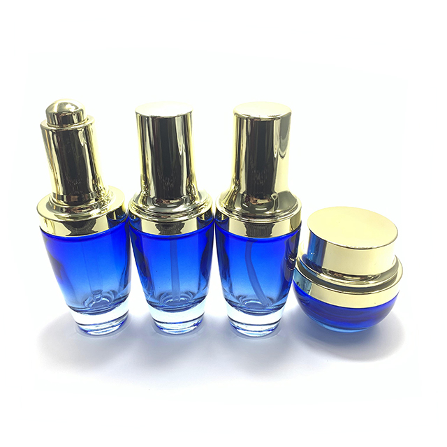 Hengjian 30ml gradual blue glass dropper bottle with gold cap for cosmetic packaging