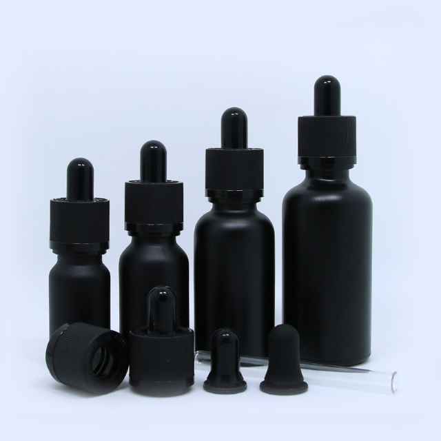 Hengjian 30ml matt black glass dropper bottle for essential oil cosmetic packaging