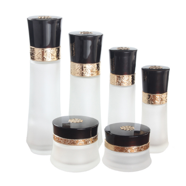 Hengjian 50g 30g clear frosted glass cosmetic skin care eye cream jar with plastic luxury black screw cap