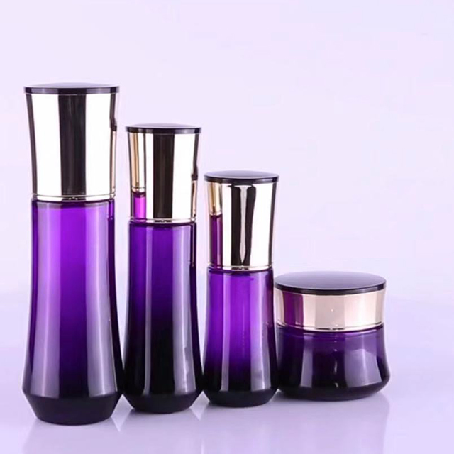 Hengjian 50g 30g graduated purple black glass bottle for cosmetic skin care face eye cream jar with gold cover