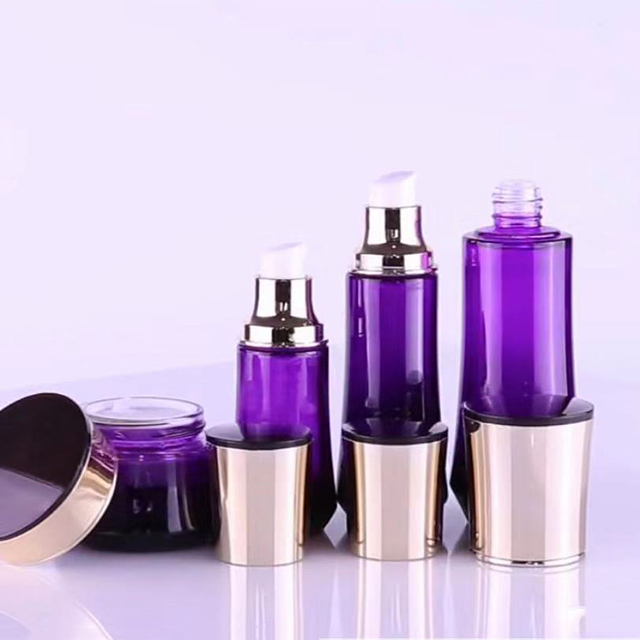 Hengjian 50g 30g graduated purple black glass bottle for cosmetic skin care face eye cream jar with gold cover