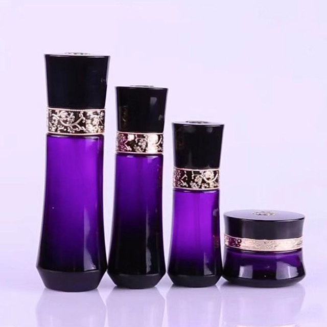 Hengjian 50g 30g graduated purple black glass bottle for cosmetic skin care face eye cream jar with gold cover