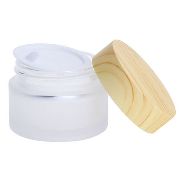 Hengjian 50g Empty Cosmetic Packaging Clear Frost Glass Skin Care Cream Jar With Plastic Wooden Pattern Lid