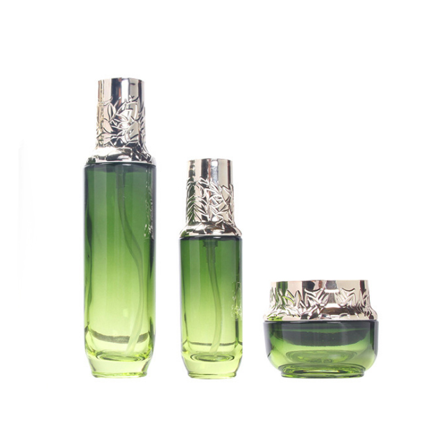 Hengjian 50g graduated green glass for cosmetic packaging skin care face eye cream jar with gold cap