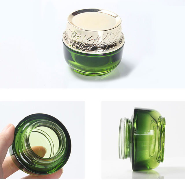 Hengjian 50g graduated green glass for cosmetic packaging skin care face eye cream jar with gold cap