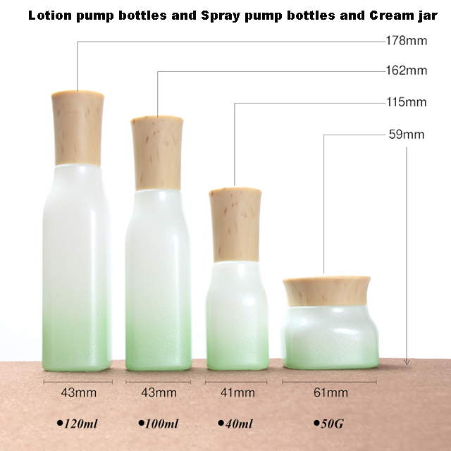 Hengjian 50g graduated green white glass for cosmetic packaging skin care face eye cream jar with plastic wood pattern cap