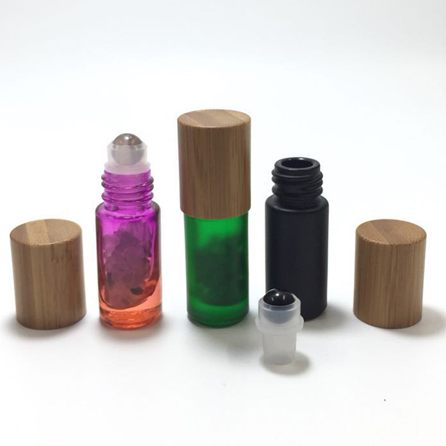 Hengjian 5ml Natural Gemstone Roll On Ball Colorful Glass Essential Oil Roller Perfume Bottle With Bamboo Cap