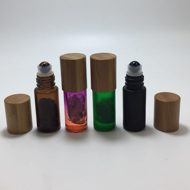 Hengjian 5ml Natural Gemstone Roll On Ball Colorful Glass Essential Oil Roller Perfume Bottle With Bamboo Cap