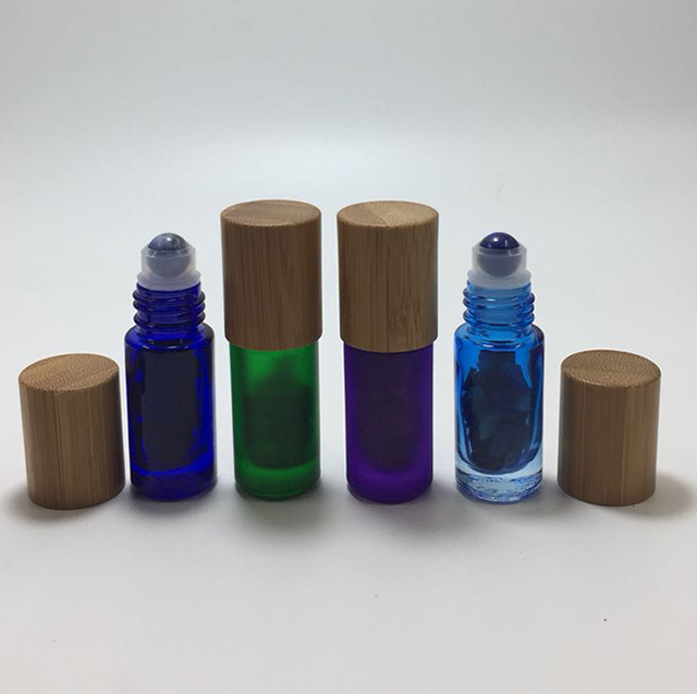 Hengjian 5ml Natural Gemstone Roll On Ball Colorful Glass Essential Oil Roller Perfume Bottle With Bamboo Cap