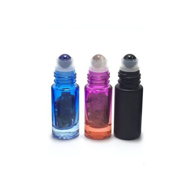 Hengjian 5ml Natural Gemstone Roll On Ball Colorful Glass Essential Oil Roller Perfume Bottle With Bamboo Cap