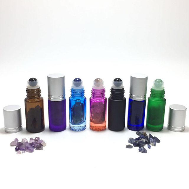 Hengjian 5ml Natural Gemstone Roll On Ball Colorful Glass Essential Oil Roller Perfume Bottle With Silver Cap