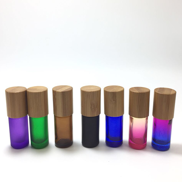 Hengjian 5ml Natural Gemstone Roll On Ball Colorful Glass Perfume Essential Oil Roller Bottle With Bamboo Cap