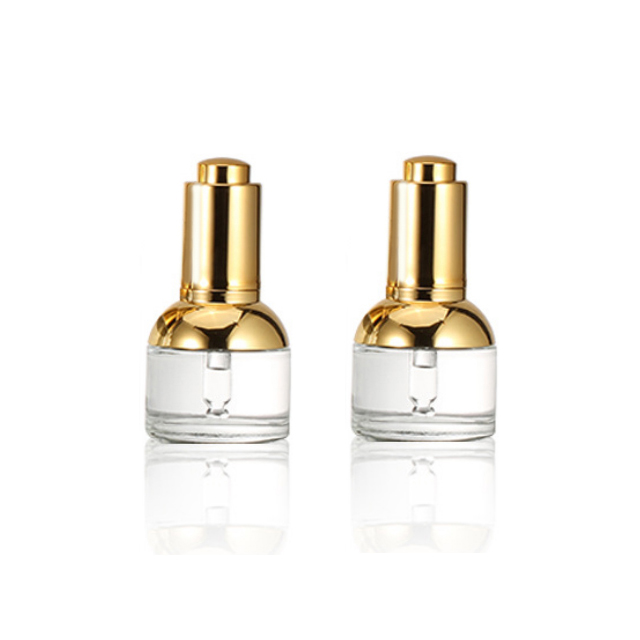 Hengjian have stock 20ml 30ml 50ml clear makeup skincare serum push button pump dropper glass bottle with gold push dropper