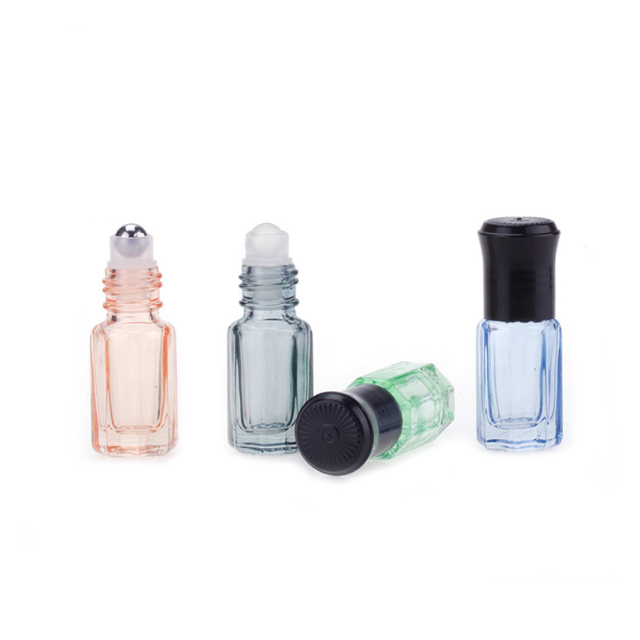Hengjian new design 3ml colored octagonal glass bottles roller bottles empty roll on bottles with glass roller ball