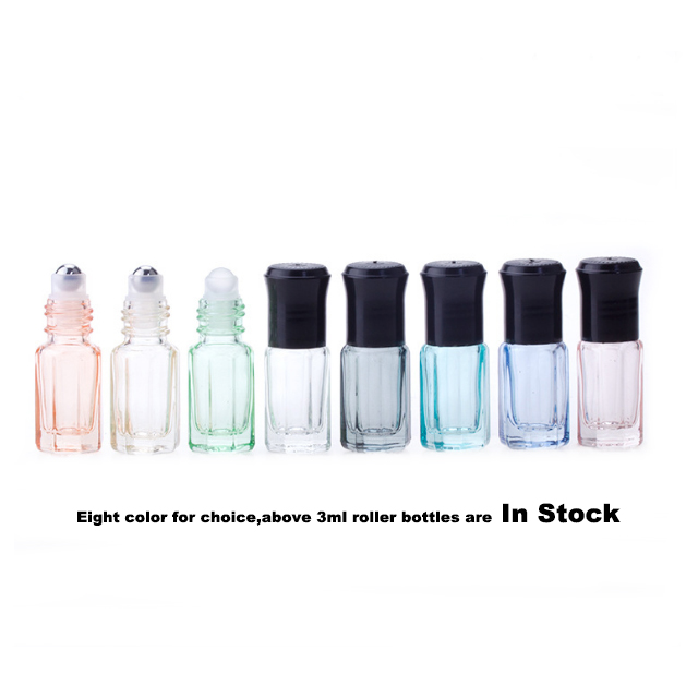 Hengjian new design 3ml colored octagonal glass bottles roller bottles empty roll on bottles with glass roller ball