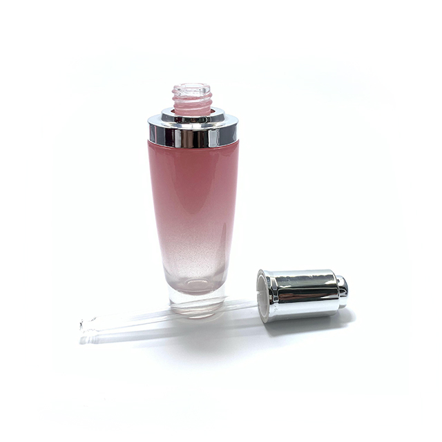 Hengjian stocked 50ml pink color glass dropper bottle with silver cover