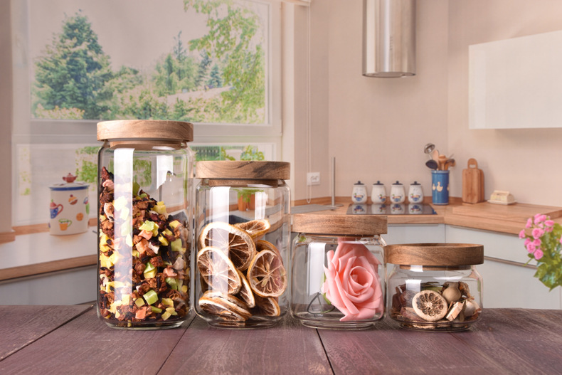 Hermetic Canister Clear Glass Jars With Acacia Mangium Lids Storage Containers Serving For Pantry Flour Grains Tea Candy Spice
