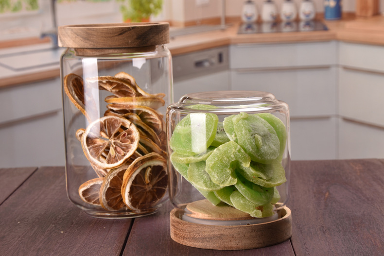 Hermetic Canister Clear Glass Jars With Acacia Mangium Lids Storage Containers Serving For Pantry Flour Grains Tea Candy Spice