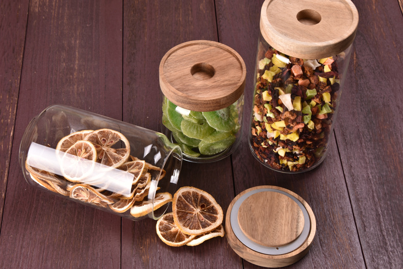 Hermetic Canister Clear Glass Jars With Acacia Mangium Lids Storage Containers Serving For Pantry Flour Grains Tea Candy Spice