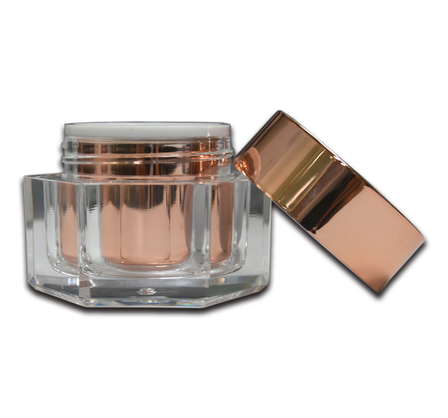 Hexagon Elegant Rose Gold Cosmetic Facial-pack Neck Cream Double Wall Acrylic Plastic Cream Jar 50g