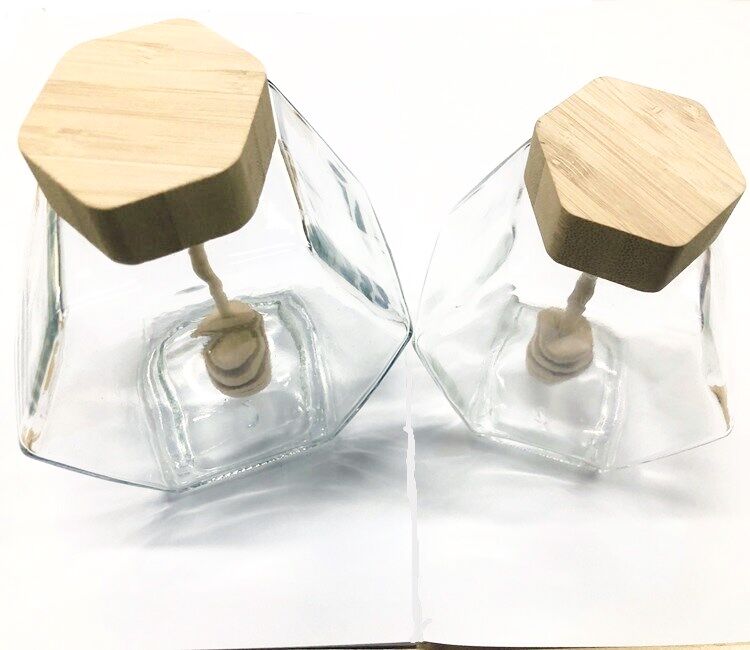 Hexagon Flat Glass Jam Jar 380ml 100ml Honey Jar Glass with stir wooden plug