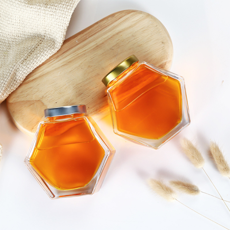 Hexagon Flat Glass Jam Jar 380ml 100ml Honey Jar Glass with stir wooden plug